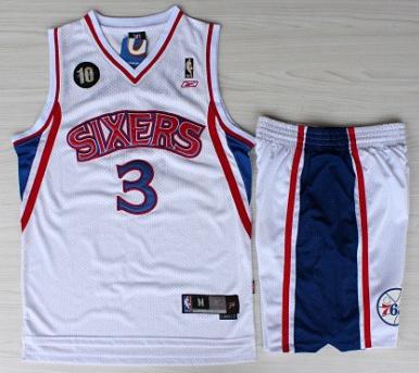 Philadelphia 76ers 3 Allen Iverson White 10th Throwback M&N Soul Swingman NBA Jersey Short Suits