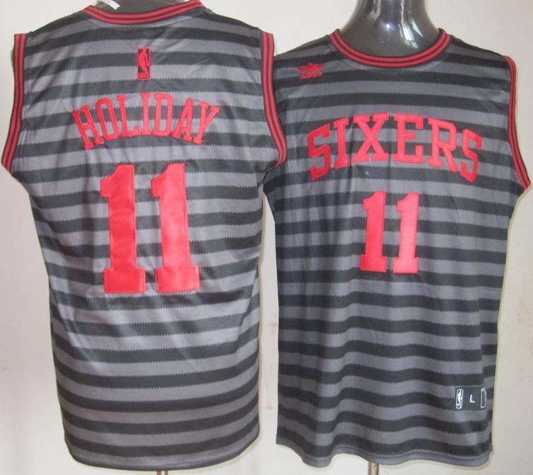 Philadelphia 76ers 11 Jrue Holiday Grey With Black Strip Revolution 30 Swingman NBA Jerseys