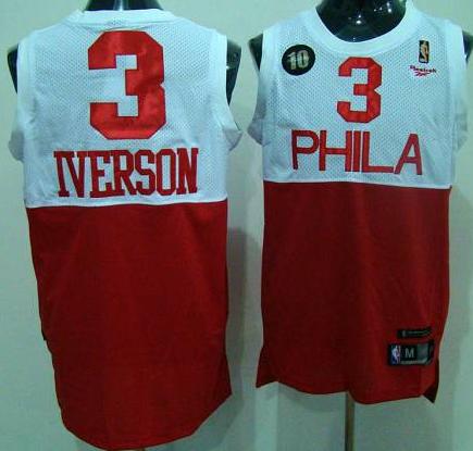 Philadelphia 76ers 3 Allen Iverson White With Red 10th Soul Swingman Jersey