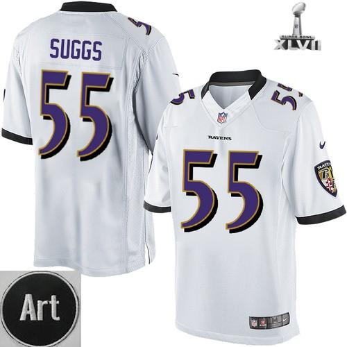 Nike Baltimore Ravens 55 Terrell Suggs Limited White 2013 Super Bowl NFL Jersey Art Patch Cheap