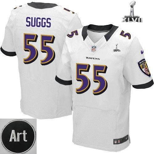 Nike Baltimore Ravens 55 Terrell Suggs Elite White 2013 Super Bowl NFL Jersey Art Patch Cheap