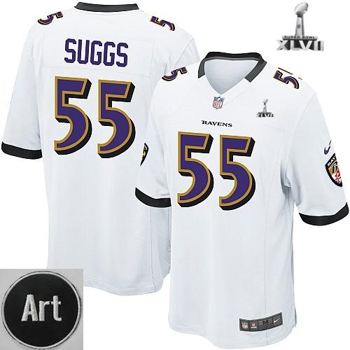 Nike Baltimore Ravens 55 Terrell Suggs Game White 2013 Super Bowl NFL Jersey Art Patch Cheap