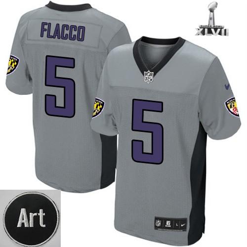Nike Baltimore Ravens 5 Joe Flacco Elite Grey Shadow 2013 Super Bowl NFL Jersey Art Patch Cheap