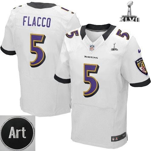 Nike Baltimore Ravens 5 Joe Flacco Elite White 2013 Super Bowl NFL Jersey Art Patch Cheap