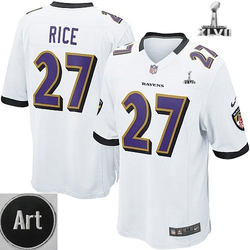 Nike Baltimore Ravens 27 Ray Rice Game White 2013 Super Bowl NFL Jersey Art Patch Cheap