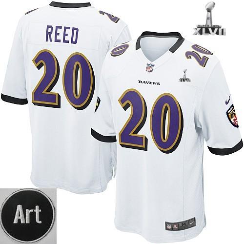 Nike Baltimore Ravens 20 Ed Reed Game White 2013 Super Bowl NFL Jersey Art Patch Cheap