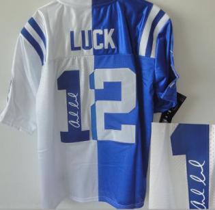 Nike Indianapolis Colts 12 Andrew Luck White Blue Split Elite Signed NFL Jerseys Cheap