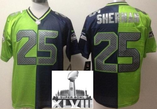 Nike Seattle Seahawks 25 Richard Sherman White Green Split 2014 Super Bowl XLVIII NFL Jerseys Cheap