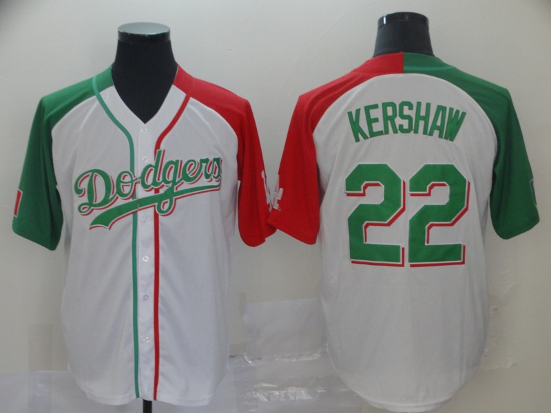 Dodgers #22 Clayton Kershaw White Red/Green Split Cool Base Stitched Baseball Jersey