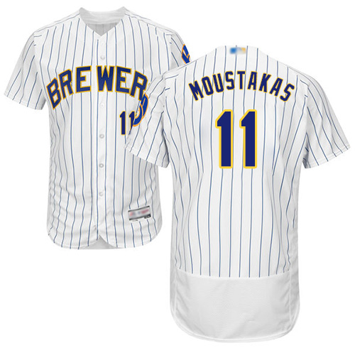 Brewers #11 Mike Moustakas White Strip Flexbase Authentic Collection Stitched Baseball Jersey