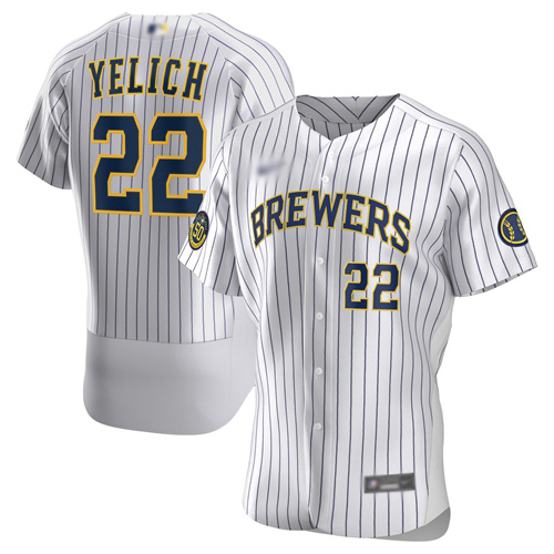 Brewers #22 Christian Yelich White Strip Authentic Home Stitched Baseball Jersey