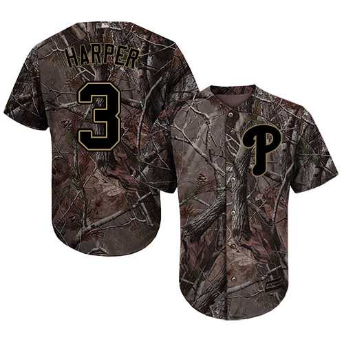Phillies #3 Bryce Harper Camo Realtree Collection Cool Base Stitched Baseball Jersey