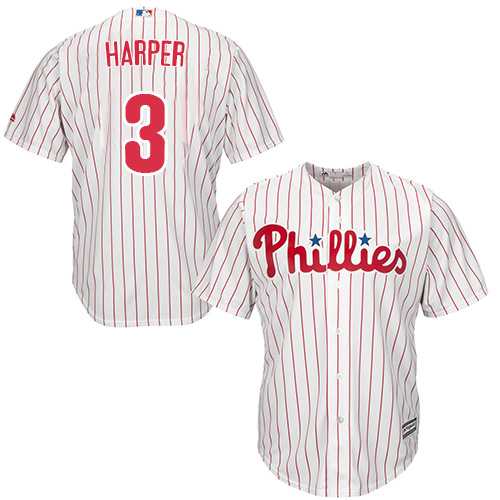 Phillies #3 Bryce Harper White(Red Strip) New Cool Base Stitched Baseball Jersey
