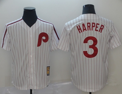 Phillies #3 Bryce Harper White(Red Strip) New Cool Base Cooperstown Stitched Baseball Jersey