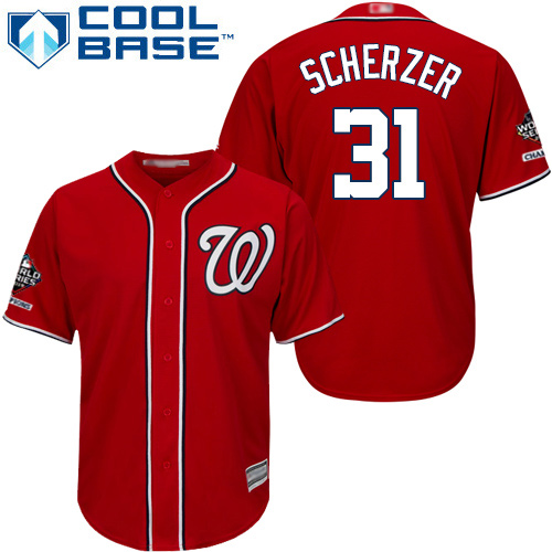 Nationals #31 Max Scherzer Red New Cool Base 2019 World Series Champions Stitched Baseball Jersey