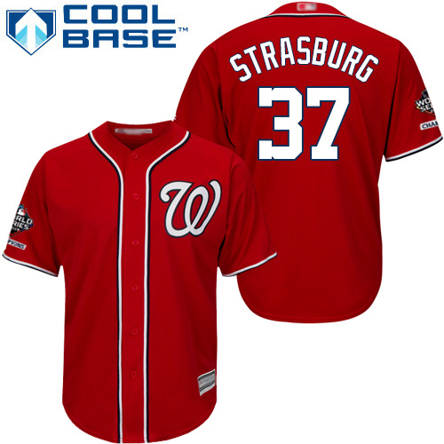 Nationals #37 Stephen Strasburg Red New Cool Base 2019 World Series Bound Stitched Baseball Jersey