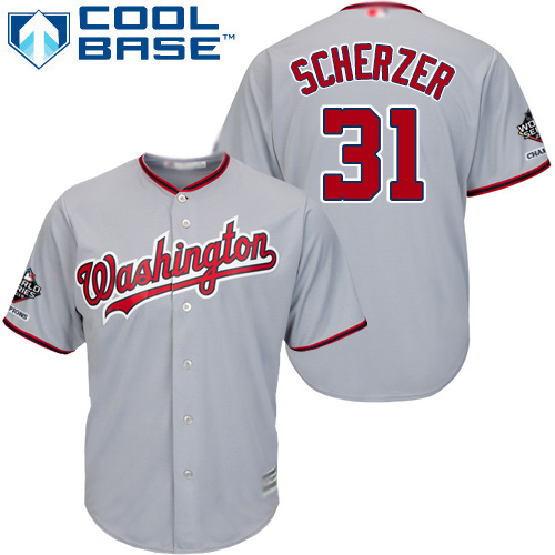 Nationals #31 Max Scherzer Grey New Cool Base 2019 World Series Champions Stitched MLB Jersey