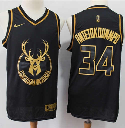 Bucks #34 Giannis Antetokounmpo Black/Gold Basketball Swingman Limited Edition Jersey
