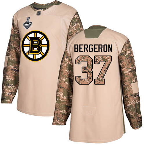 Bruins #37 Patrice Bergeron Camo Authentic 2017 Veterans Day Stanley Cup Final Bound Stitched Hockey Jersey