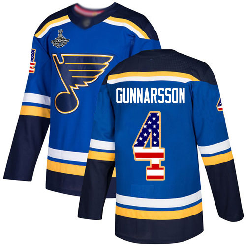 Blues #4 Carl Gunnarsson Blue Home Authentic USA Flag Stanley Cup Champions Stitched Hockey Jersey