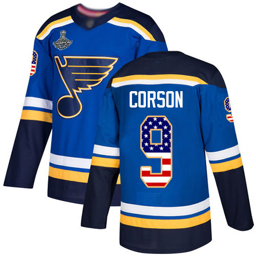 Blues #9 Shayne Corson Blue Home Authentic USA Flag Stanley Cup Champions Stitched Hockey Jersey