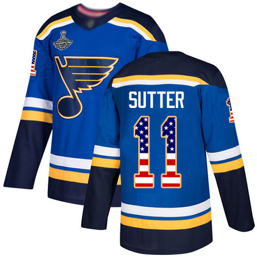 Blues #11 Brian Sutter Blue Home Authentic USA Flag Stanley Cup Champions Stitched Hockey Jersey