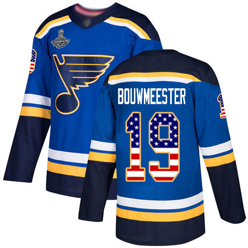 Blues #19 Jay Bouwmeester Blue Home Authentic USA Flag Stanley Cup Champions Stitched Hockey Jersey