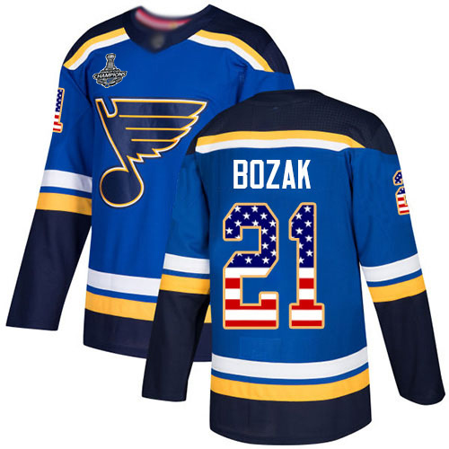 Blues #21 Tyler Bozak Blue Home Authentic USA Flag Stanley Cup Final Bound Stitched Hockey Jersey