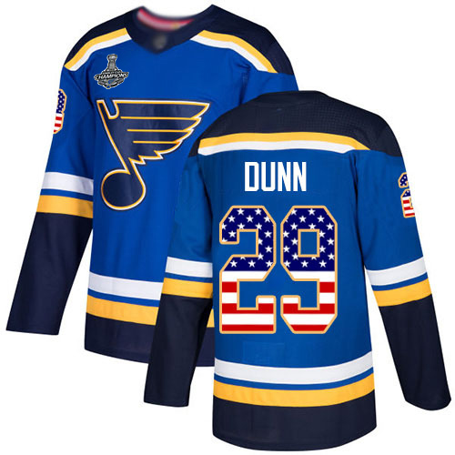 Blues #29 Vince Dunn Blue Home Authentic USA Flag Stanley Cup Champions Stitched Hockey Jersey