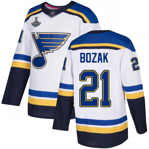Blues #21 Tyler Bozak White Road Authentic Stanley Cup Champions Stitched Hockey Jersey