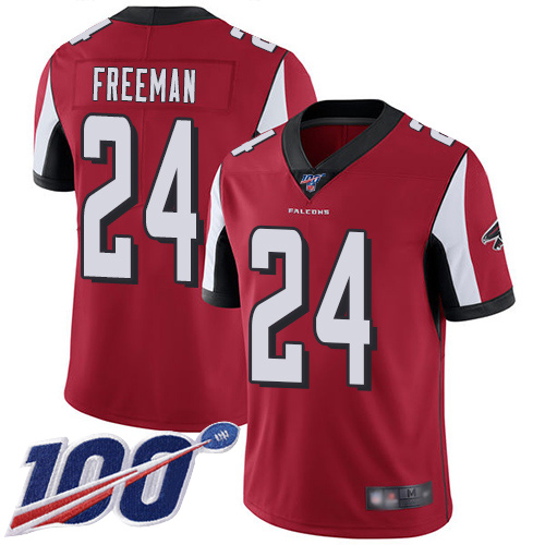Falcons #24 Devonta Freeman Red Team Color Men's Stitched Football 100th Season Vapor Limited Jersey