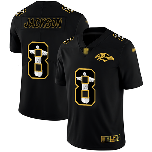 Ravens #8 Lamar Jackson Black Men's Stitched Football Limited Jesus Faith Jersey