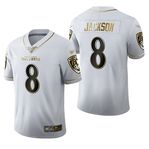Ravens #8 Lamar Jackson White Men's Stitched Football Limited Golden Edition Jersey