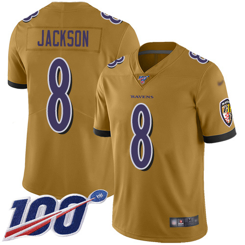 Ravens #8 Lamar Jackson Gold Men's Stitched Football Limited Inverted Legend 100th Season Jersey