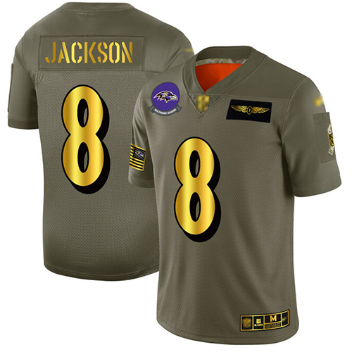 Ravens #8 Lamar Jackson Camo/Gold Men's Stitched Football Limited 2019 Salute To Service Jersey