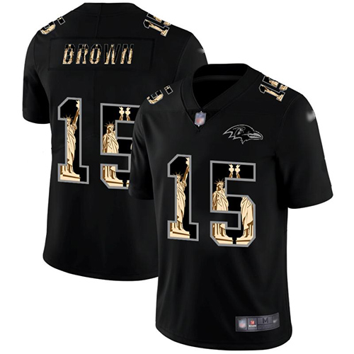Ravens #15 Marquise Brown Black Men's Stitched Football Limited Statue of Liberty Jersey