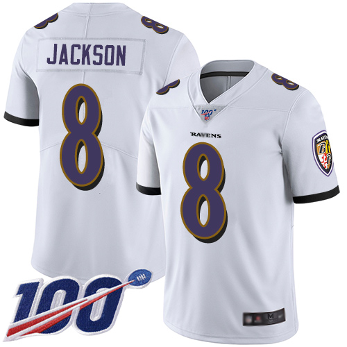 Ravens #8 Lamar Jackson White Men's Stitched Football 100th Season Vapor Limited Jersey Ravens #8 Lamar Jackson White Men's Stitched Football 100th Season Vapor Limited Jersey