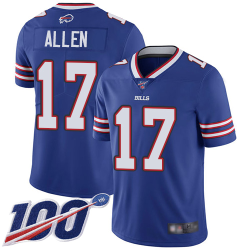Bills #17 Josh Allen Royal Blue Team Color Men's Stitched Football 100th Season Vapor Limited Jersey