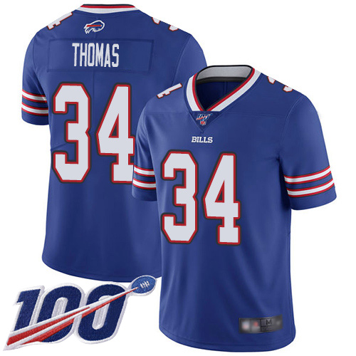Bills #34 Thurman Thomas Royal Blue Team Color Men's Stitched Football 100th Season Vapor Limited Jersey