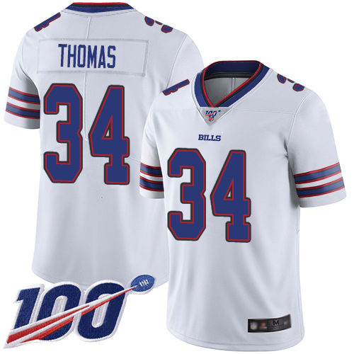 Bills #34 Thurman Thomas White Men's Stitched Football 100th Season Vapor Limited Jersey