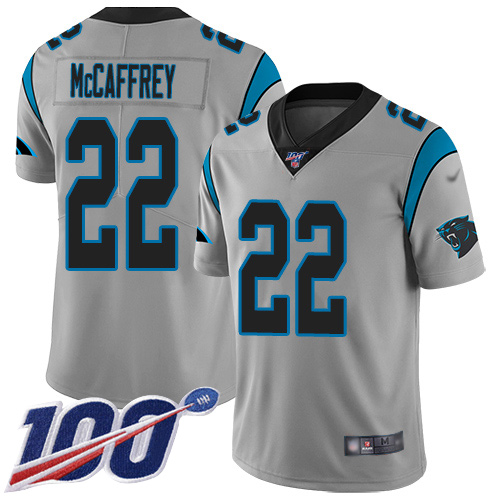 Panthers #22 Christian McCaffrey Silver Men's Stitched Football Limited Inverted Legend 100th Season Jersey