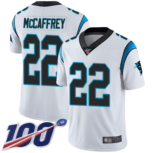 Panthers #22 Christian McCaffrey White Men's Stitched Football 100th Season Vapor Limited Jersey