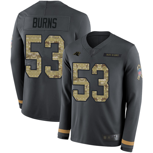 Panthers #53 Brian Burns Anthracite Salute to Service Men's Stitched Football Limited Therma Long Sleeve Jersey
