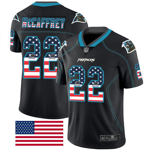Panthers #22 Christian McCaffrey Black Men's Stitched Football Limited Rush USA Flag Jersey