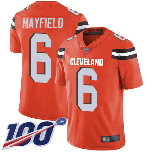 Browns #6 Baker Mayfield Orange Alternate Men's Stitched Football 100th Season Vapor Limited Jersey