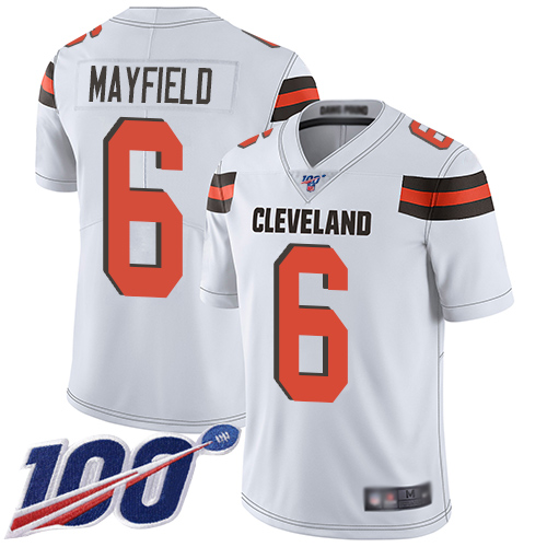 Browns #6 Baker Mayfield White Men's Stitched Football 100th Season Vapor Limited Jersey