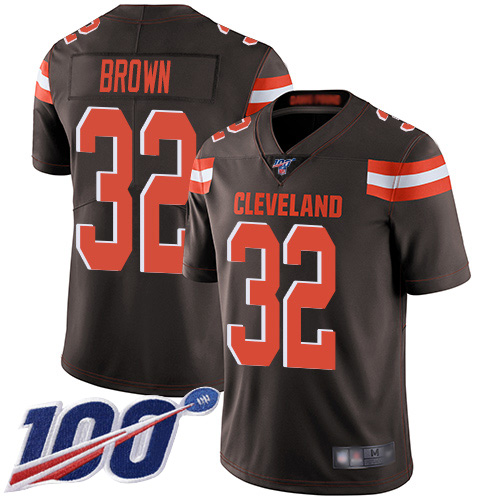 Browns #32 Jim Brown Brown Team Color Men's Stitched Football 100th Season Vapor Limited Jersey