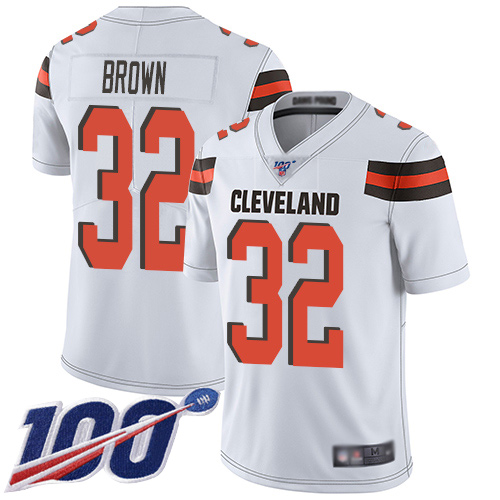 Browns #32 Jim Brown White Men's Stitched Football 100th Season Vapor Limited Jersey
