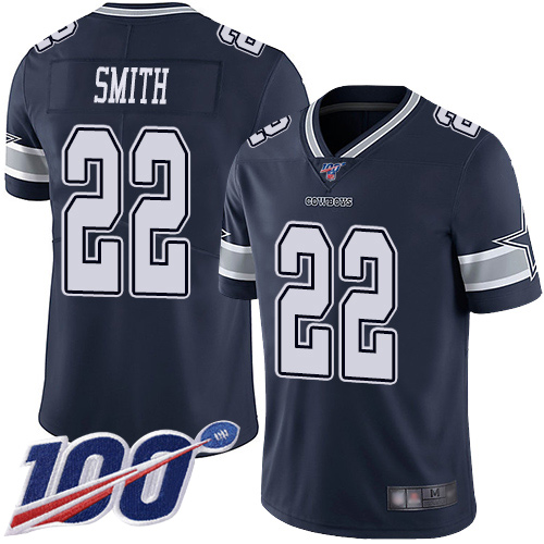 Cowboys #22 Emmitt Smith Navy Blue Team Color Men's Stitched Football 100th Season Vapor Limited Jersey