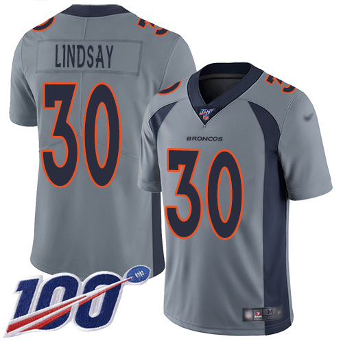 Broncos #30 Phillip Lindsay Gray Men's Stitched Football Limited Inverted Legend 100th Season Jersey